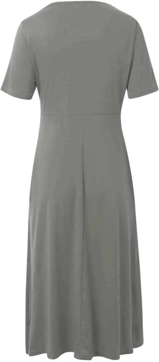 Eduavar Summer Dresses for Women, Maxi Dress for Women Dressy Elegant Short Sleeve V Neck Floral Dress with Drawstring