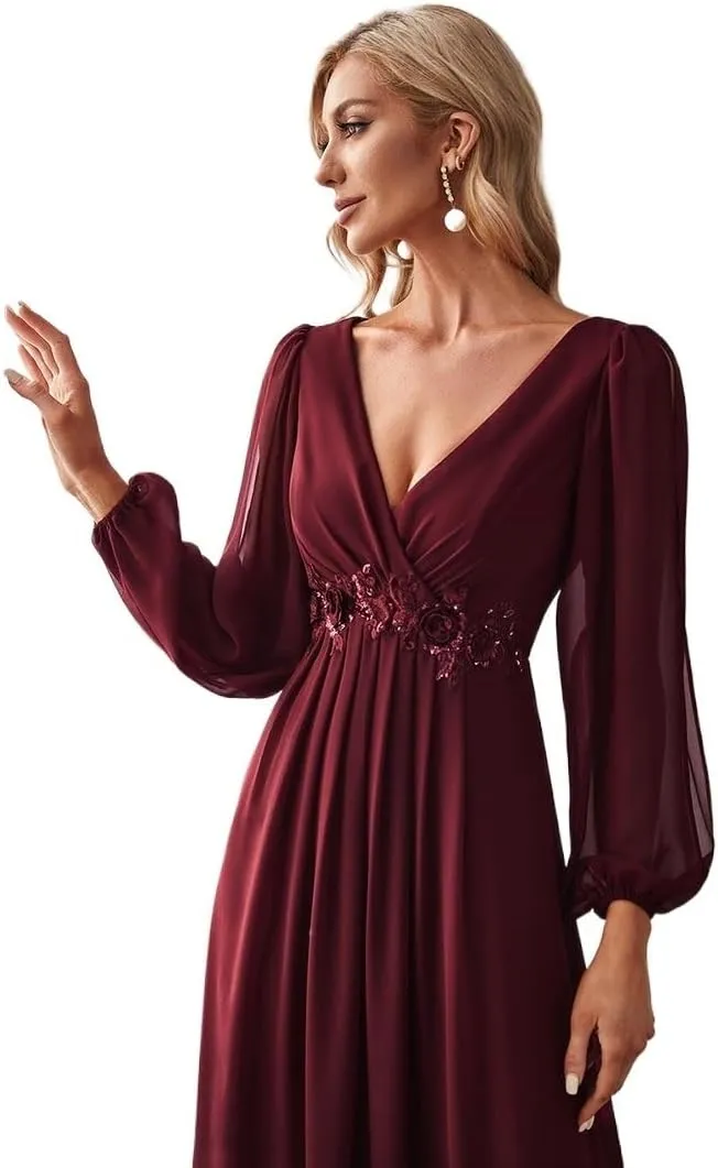 Elegant Evening Dresses Long Lantern Sleeves V-Neck Ever Pretty of Chiffon Burgundy Flower beltbelt Prom Dress Women