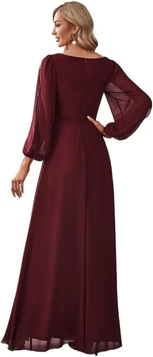 Elegant Evening Dresses Long Lantern Sleeves V-Neck Ever Pretty of Chiffon Burgundy Flower beltbelt Prom Dress Women