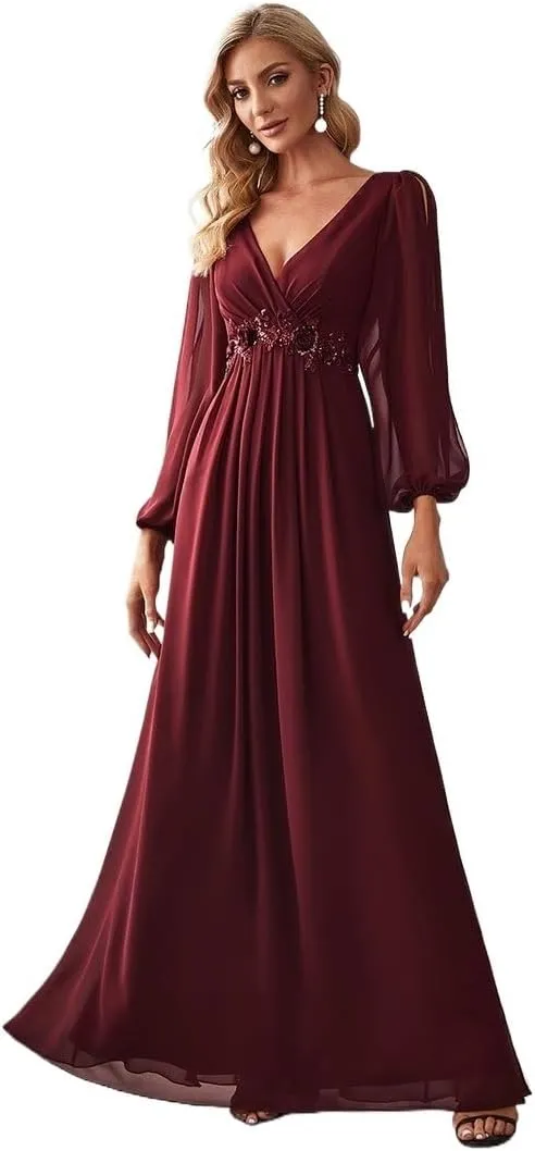 Elegant Evening Dresses Long Lantern Sleeves V-Neck Ever Pretty of Chiffon Burgundy Flower beltbelt Prom Dress Women