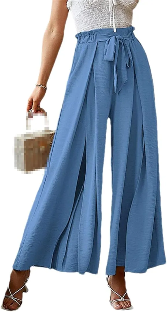 ERFMFKL Women's Lightweight Trousers Bow Loose Fold Wide Leg Pants High Waist Lace Up Pants