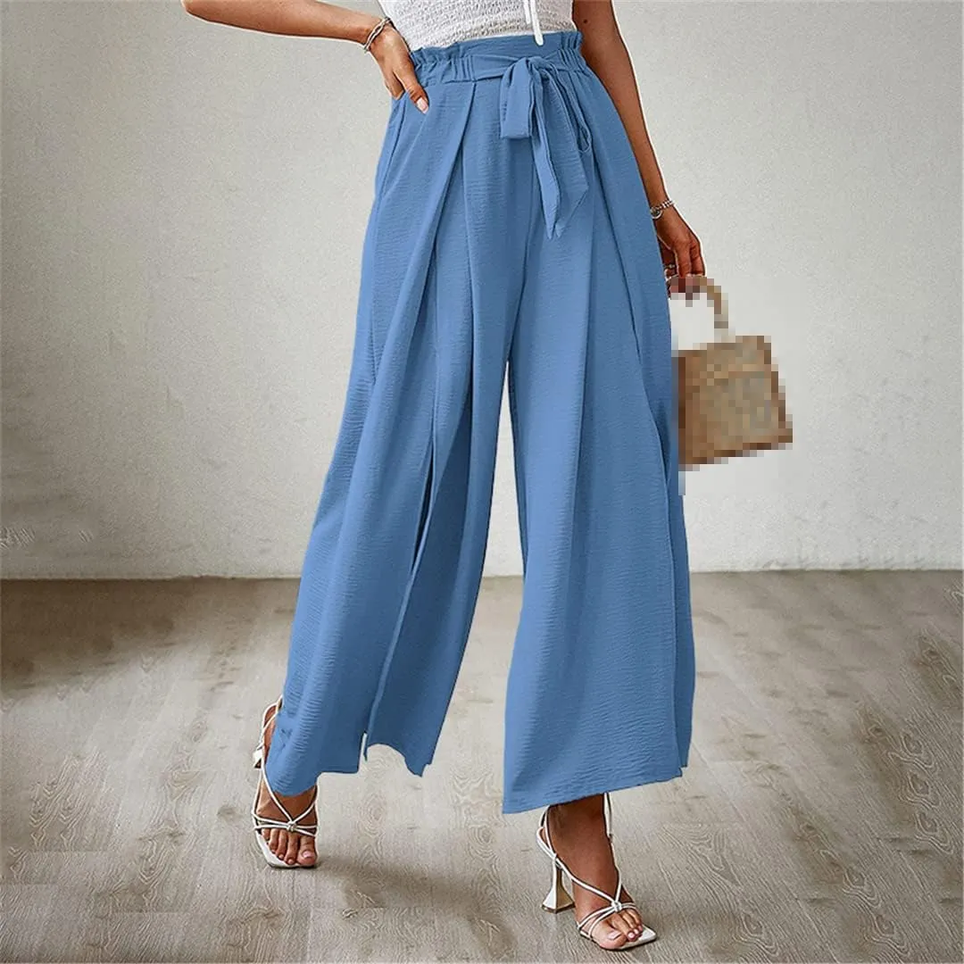 ERFMFKL Women's Lightweight Trousers Bow Loose Fold Wide Leg Pants High Waist Lace Up Pants
