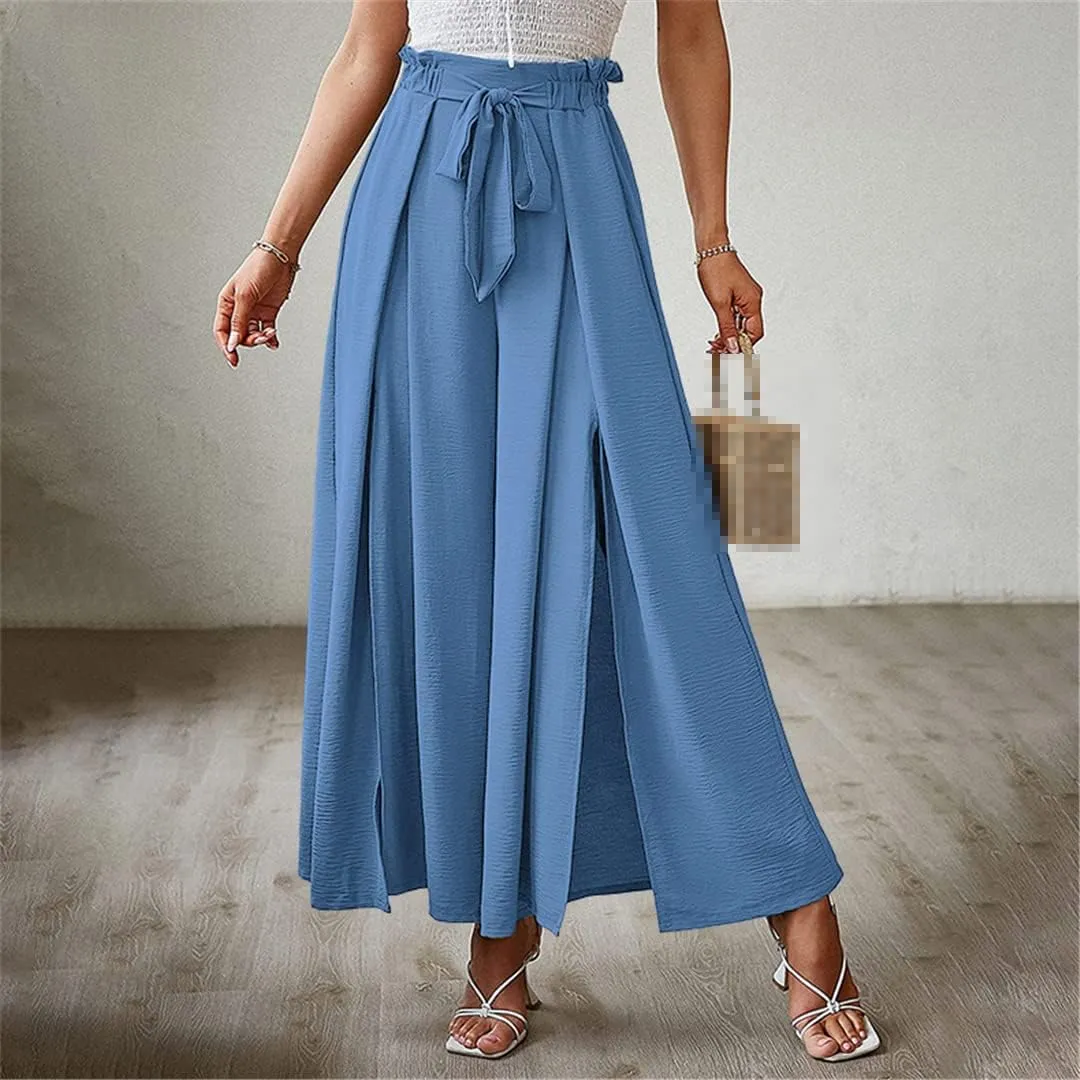 ERFMFKL Women's Lightweight Trousers Bow Loose Fold Wide Leg Pants High Waist Lace Up Pants