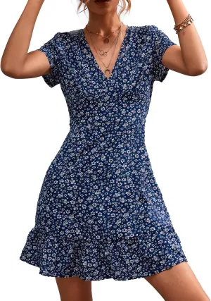 Estink Women Summer Dress Dresses V Neck Casual Sleeveless Dress Boho Beach Dress Ruffles Short Sleeve Mini Dress Tunic Floral Dress Wrap Dress(S-Blue Floral Pattern)