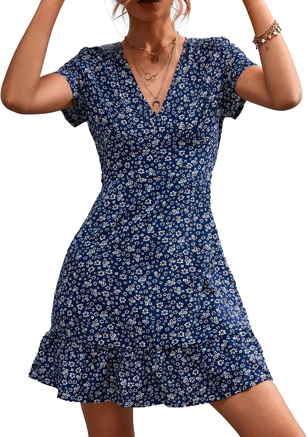 Estink Women Summer Dress Dresses V Neck Casual Sleeveless Dress Boho Beach Dress Ruffles Short Sleeve Mini Dress Tunic Floral Dress Wrap Dress(S-Blue Floral Pattern)