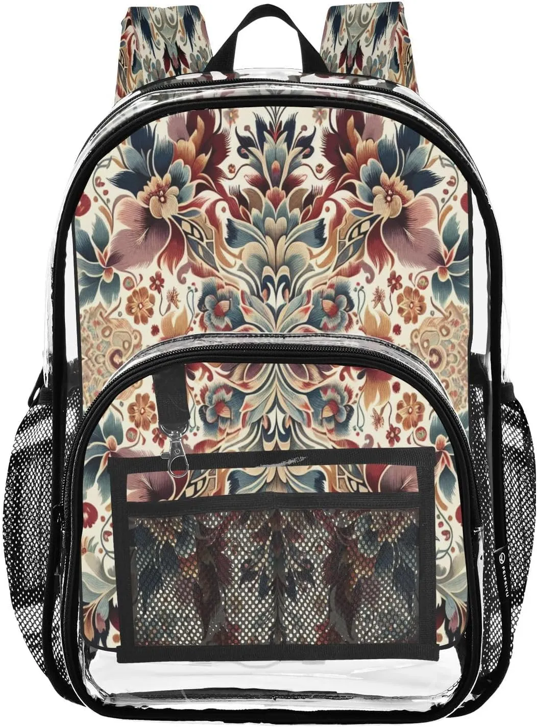 Ethnic Floral Retro Style Clear Backpack with Back Print, Heavy Duty See Through Backpacks PVC Transparent Daypack for Travel Security