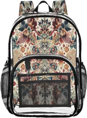 Ethnic Floral Retro Style Clear Backpack with Back Print, Heavy Duty See Through Backpacks PVC Transparent Daypack for Travel Security