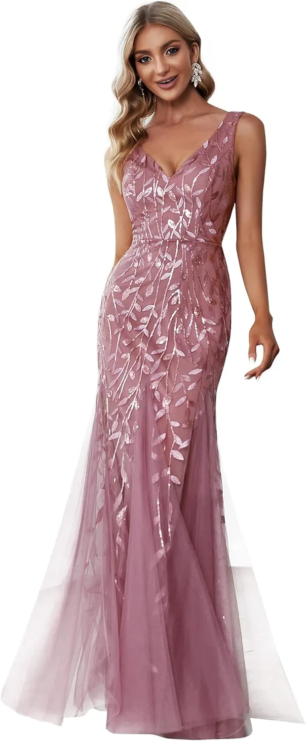 Ever-Pretty Women's Formal Dress Sequin Tulle Double V-Neck Sleeveless Mermaid Long Evening Dress 07886