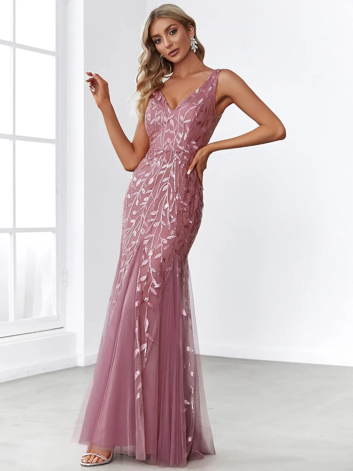 Ever-Pretty Women's Formal Dress Sequin Tulle Double V-Neck Sleeveless Mermaid Long Evening Dress 07886