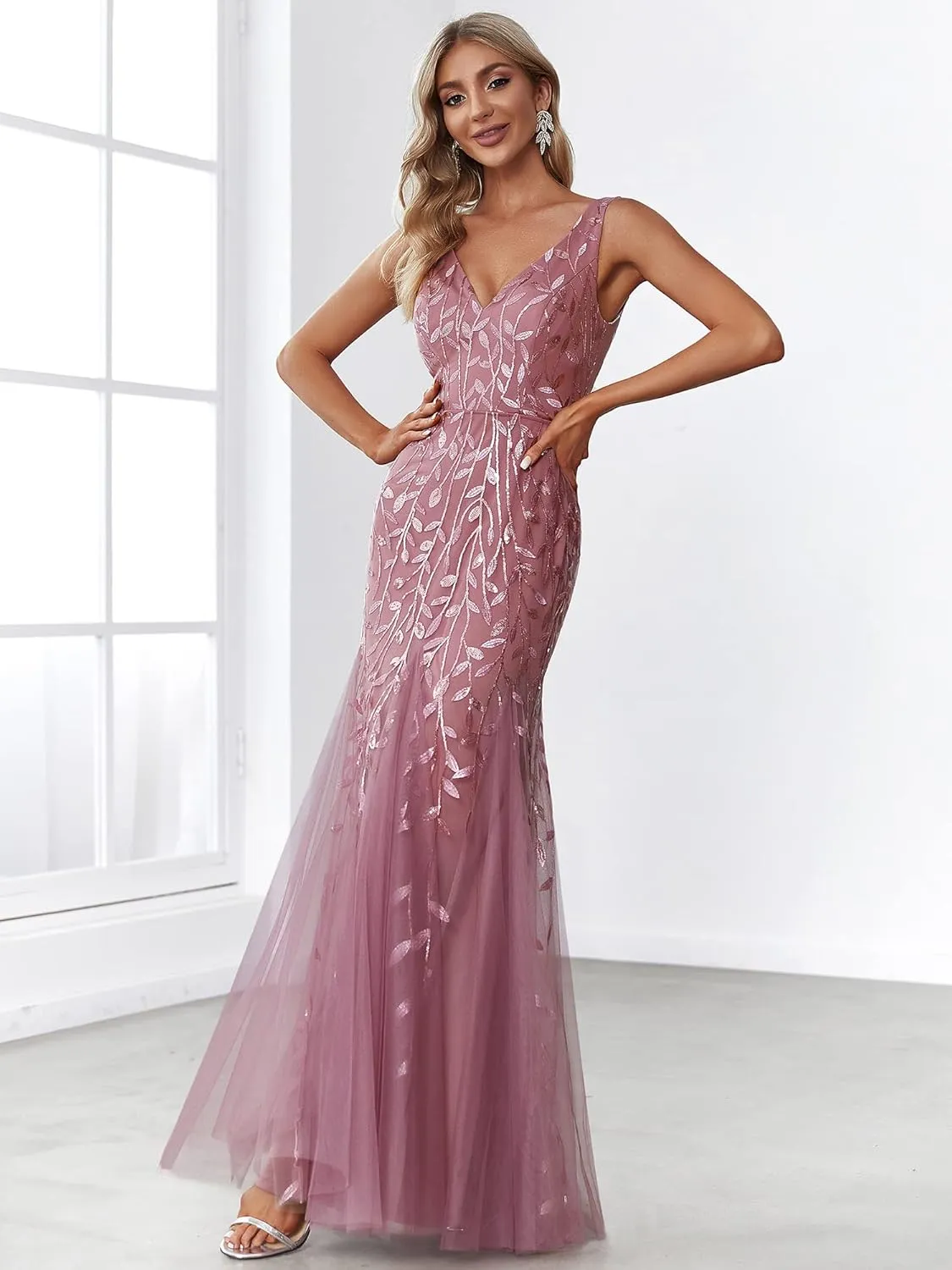 Ever-Pretty Women's Formal Dress Sequin Tulle Double V-Neck Sleeveless Mermaid Long Evening Dress 07886
