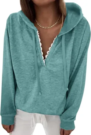 Ezcosplay Women Casual V Neck Hoodies Oversized Sweatshirt Long Sleeve Pullover Tops