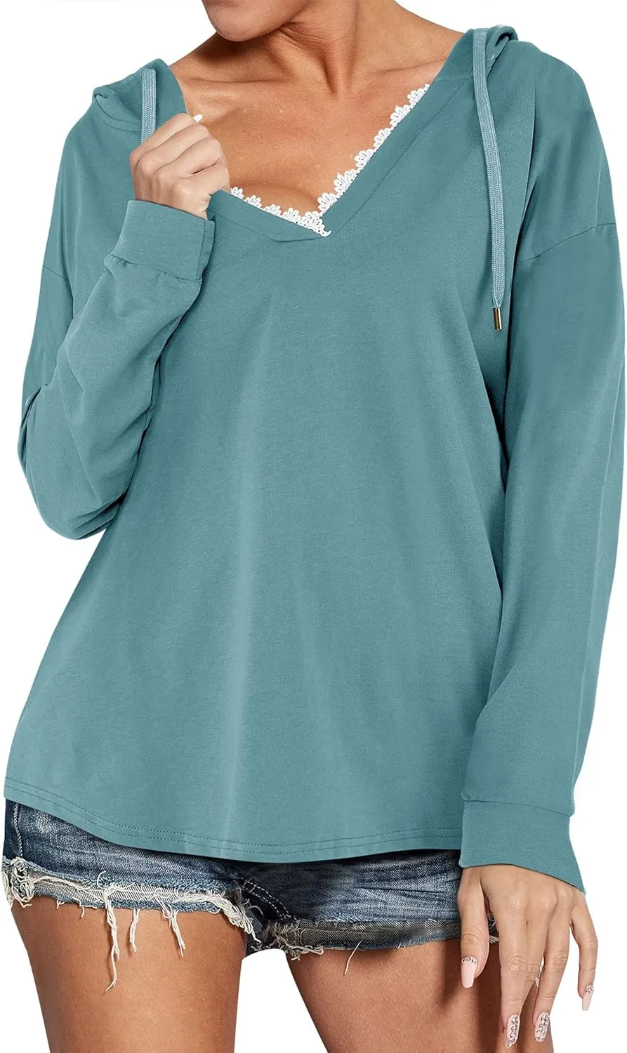 Ezcosplay Women Casual V Neck Hoodies Oversized Sweatshirt Long Sleeve Pullover Tops