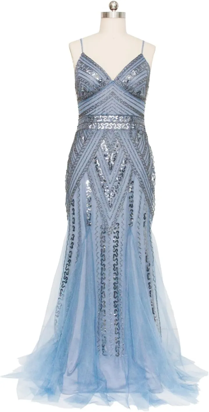 FAIRY COUPLE Women's Spaghetti Straps Double V-Neck Mermaid Sequin Formal Evening Gown Dresses