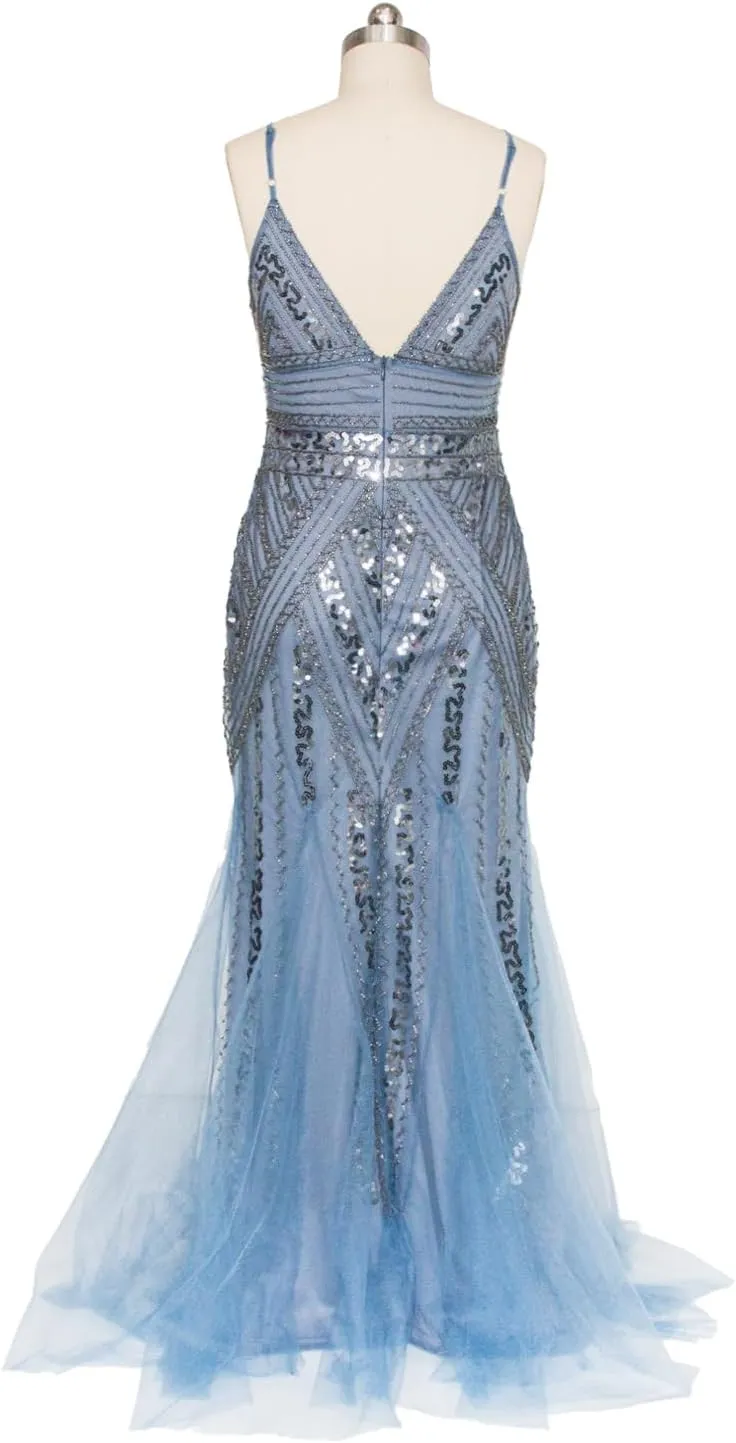 FAIRY COUPLE Women's Spaghetti Straps Double V-Neck Mermaid Sequin Formal Evening Gown Dresses
