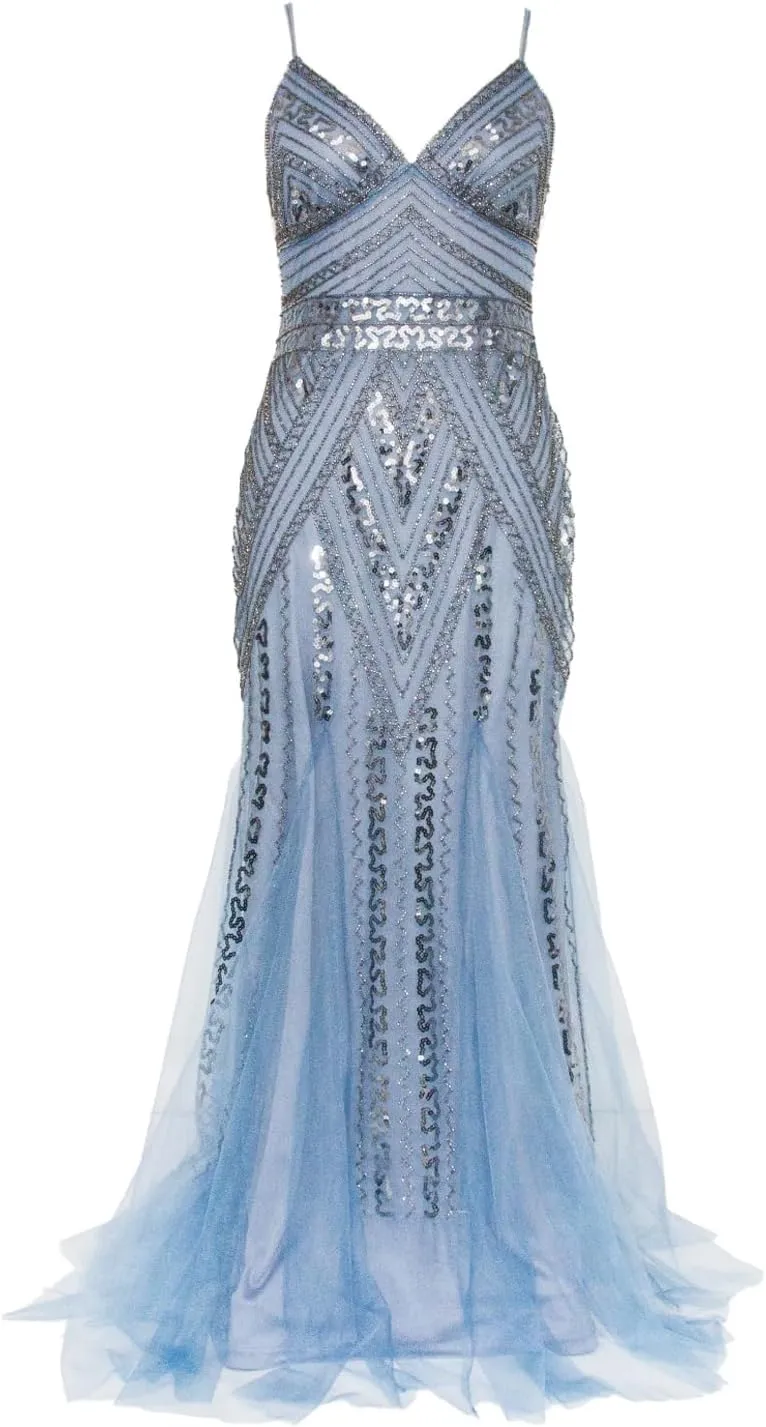 FAIRY COUPLE Women's Spaghetti Straps Double V-Neck Mermaid Sequin Formal Evening Gown Dresses
