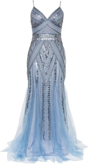 FAIRY COUPLE Women's Spaghetti Straps Double V-Neck Mermaid Sequin Formal Evening Gown Dresses