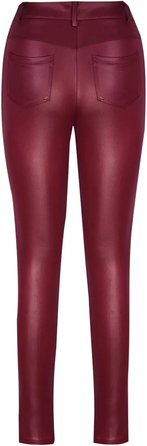 Faux Leather Leggings for Women Tummy Control High Waist Pants PU Seamless Stretch Shaping Hip Push Up Tights Trousers