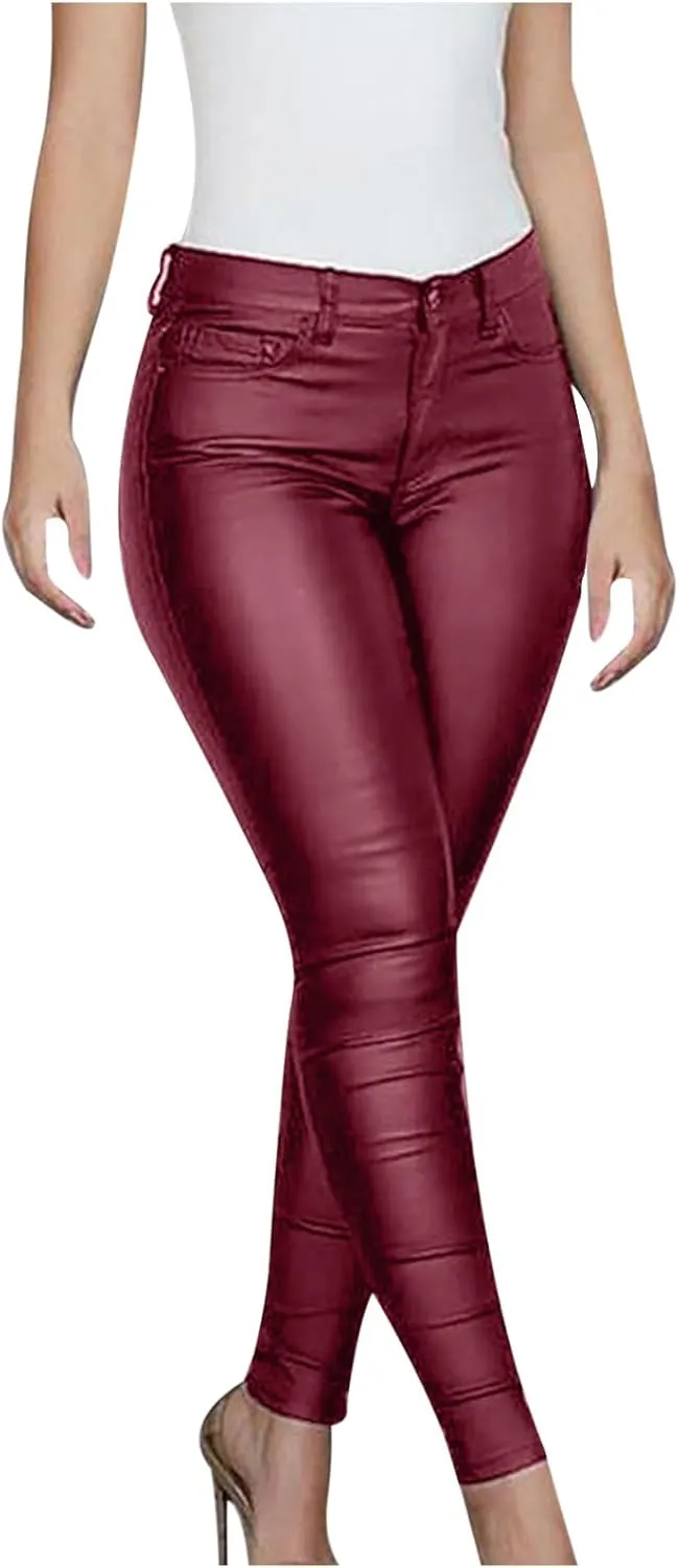 Faux Leather Leggings for Women Tummy Control High Waist Pants PU Seamless Stretch Shaping Hip Push Up Tights Trousers