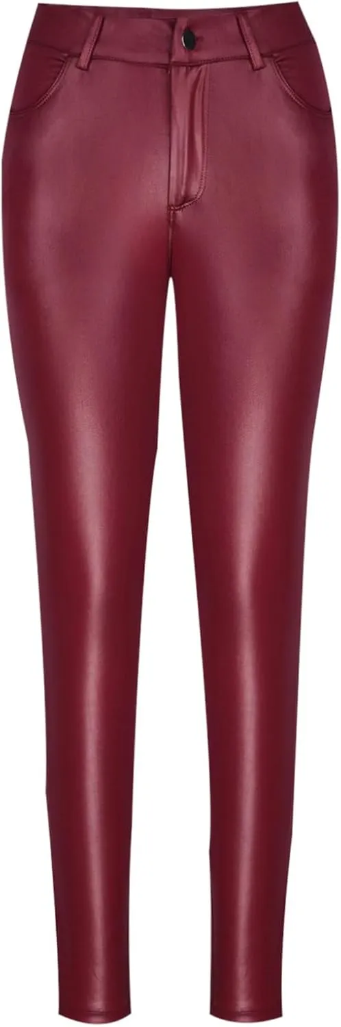 Faux Leather Leggings for Women Tummy Control High Waist Pants PU Seamless Stretch Shaping Hip Push Up Tights Trousers