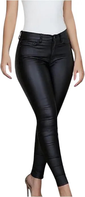 Faux Leather Leggings for Women Tummy Control High Waist Pants PU Seamless Stretch Shaping Hip Push Up Tights Trousers