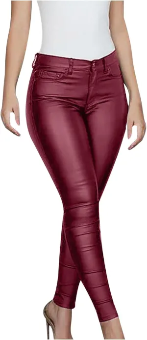 Faux Leather Leggings for Women Tummy Control High Waist Pants PU Seamless Stretch Shaping Hip Push Up Tights Trousers