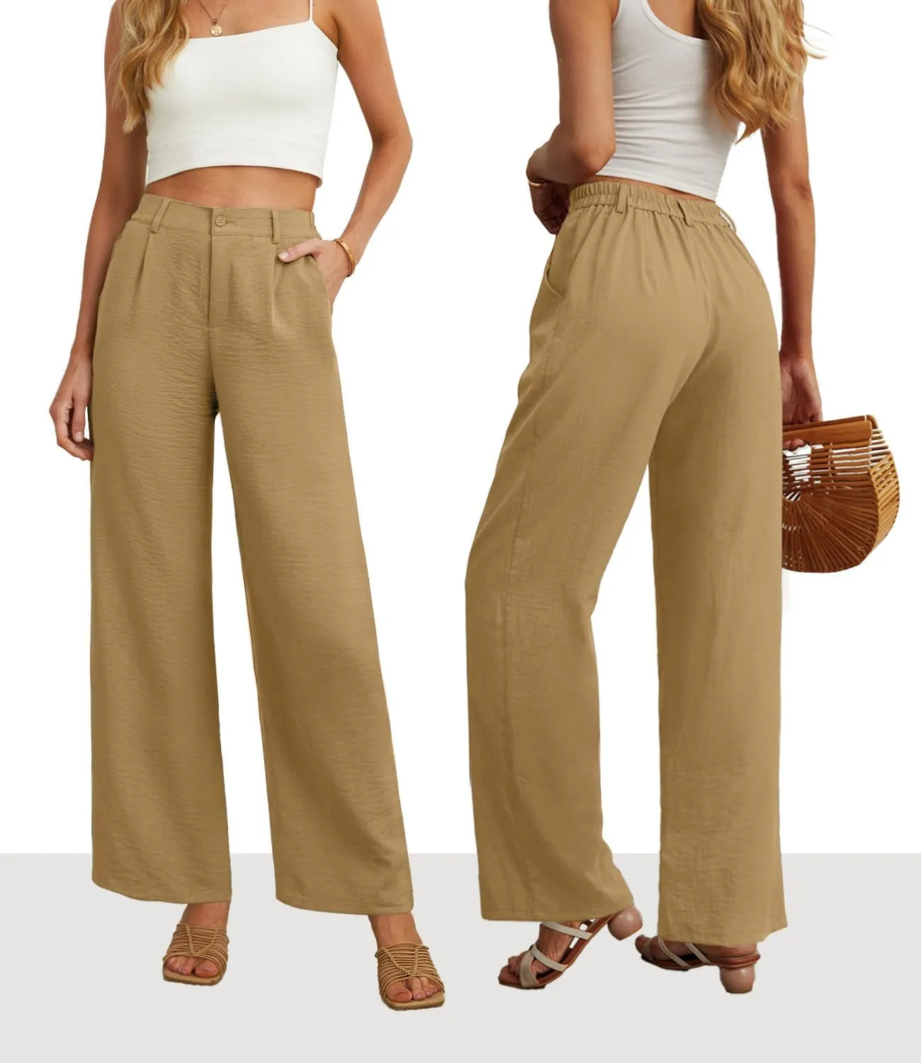 Feiersi Womens Casual Wide Leg Pants High Waisted Button Down Straight Long Trousers Palazzo Pants