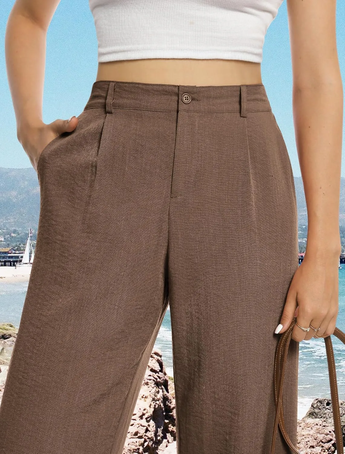 Feiersi Womens Casual Wide Leg Pants High Waisted Button Down Straight Long Trousers Palazzo Pants