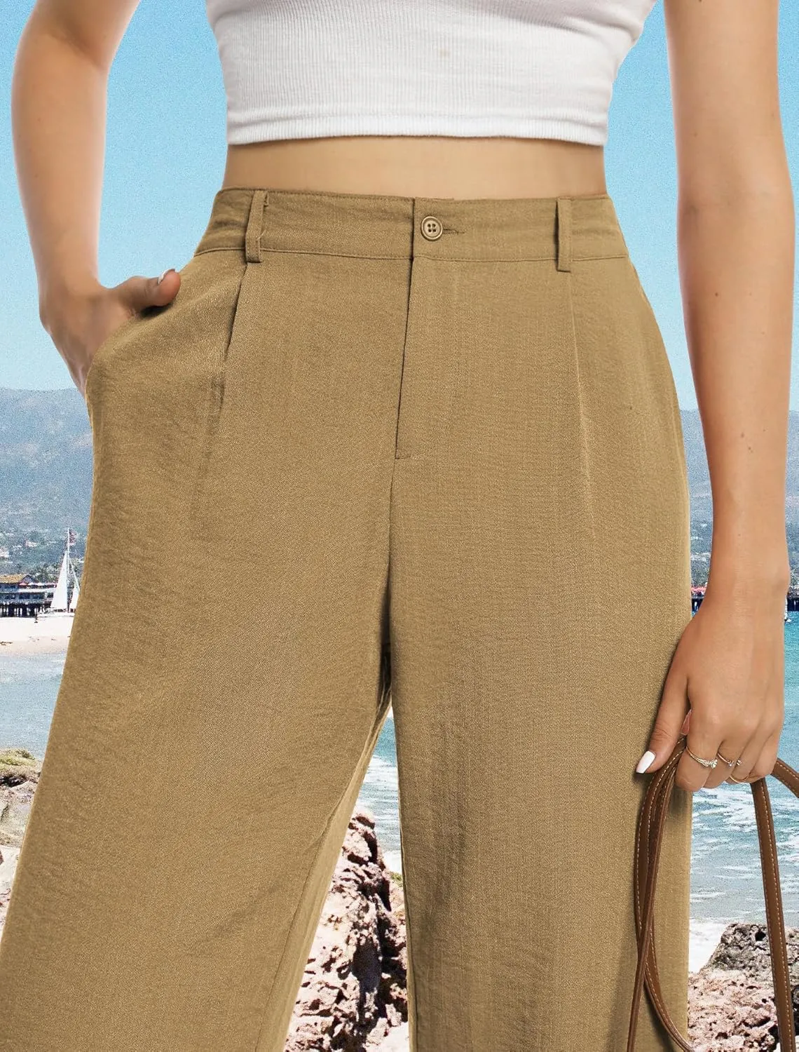 Feiersi Womens Casual Wide Leg Pants High Waisted Button Down Straight Long Trousers Palazzo Pants