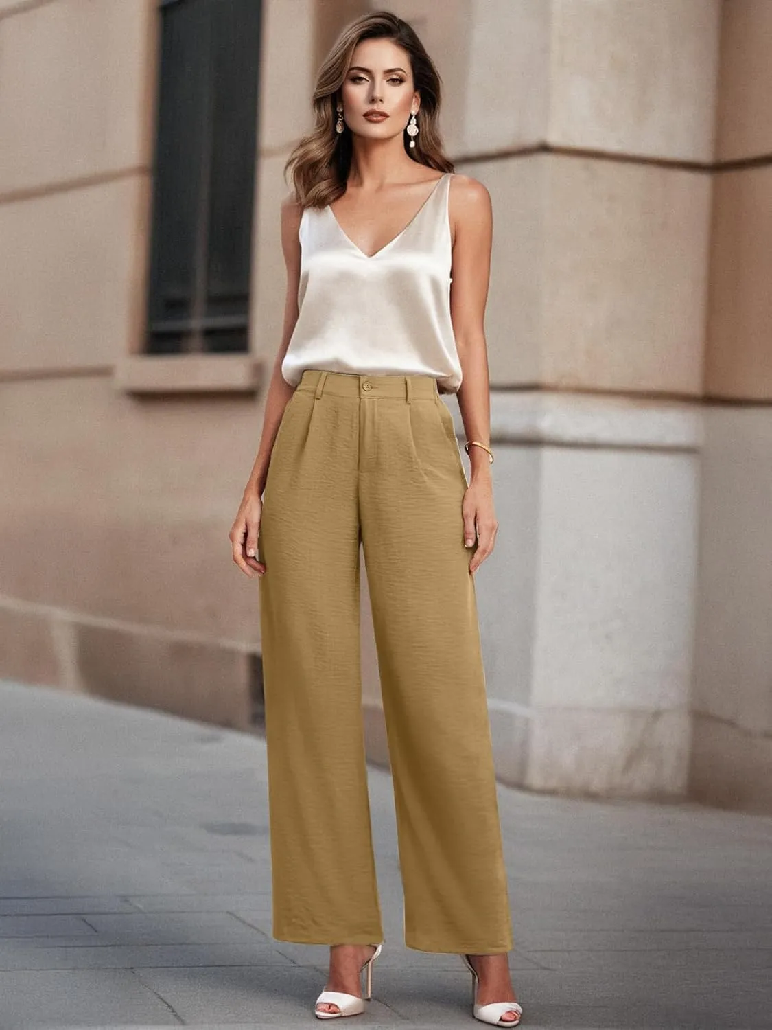 Feiersi Womens Casual Wide Leg Pants High Waisted Button Down Straight Long Trousers Palazzo Pants