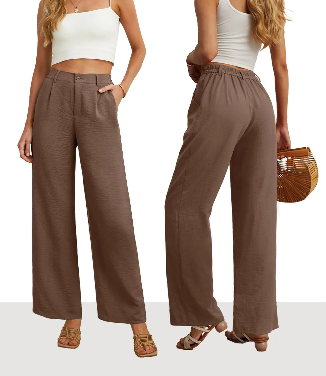 Feiersi Womens Casual Wide Leg Pants High Waisted Button Down Straight Long Trousers Palazzo Pants