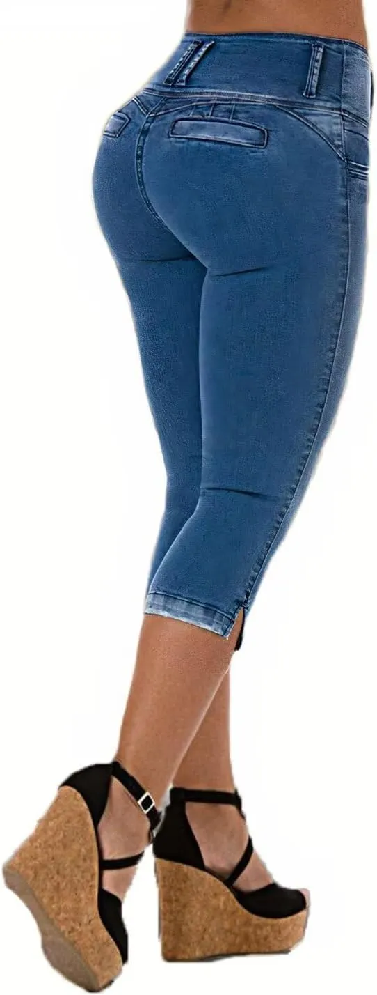Flamingals Bermuda Capri Jeans for Women Stretch Butt Lifting Mid Rise Button Up Skinny Capris Denim Pants