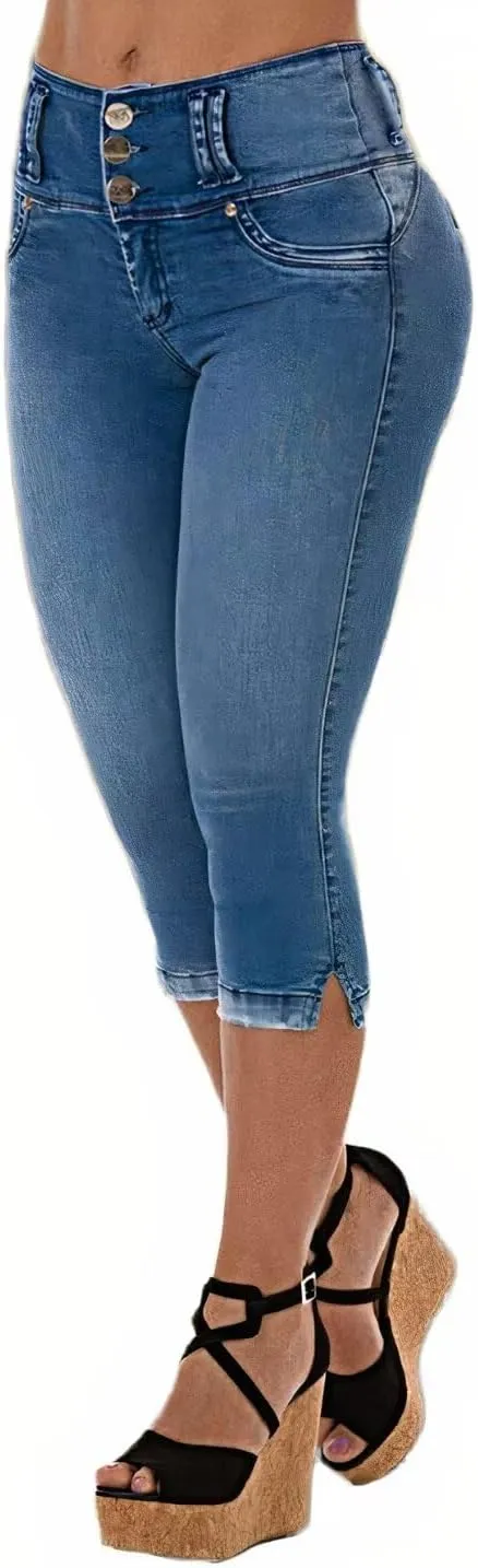 Flamingals Bermuda Capri Jeans for Women Stretch Butt Lifting Mid Rise Button Up Skinny Capris Denim Pants