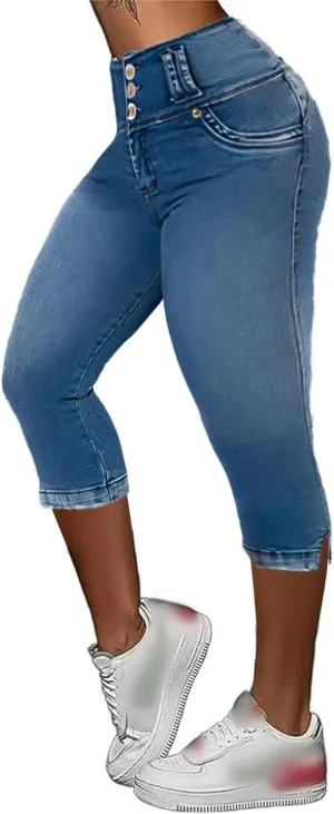 Flamingals Bermuda Capri Jeans for Women Stretch Butt Lifting Mid Rise Button Up Skinny Capris Denim Pants