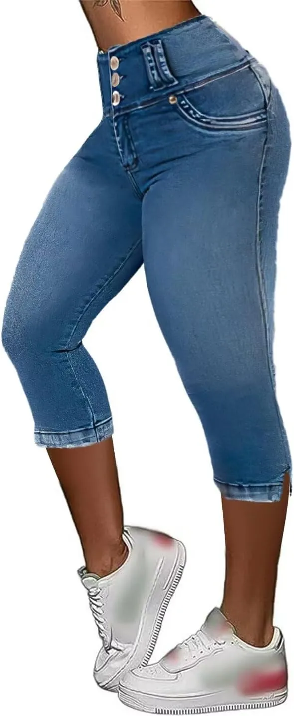 Flamingals Bermuda Capri Jeans for Women Stretch Butt Lifting Mid Rise Button Up Skinny Capris Denim Pants