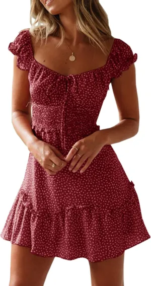 FLITAY Ladies Summer Sexy Sweet Sun Dress Ruffled Boho V-Neck Beach Dress Tie Front Casual Flowy Mini Dress