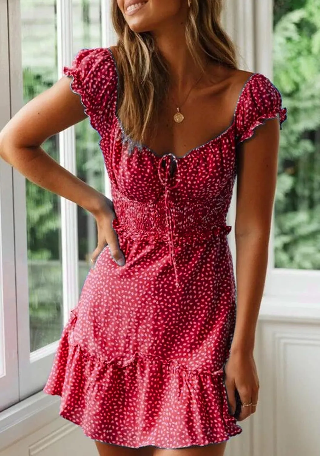 FLITAY Ladies Summer Sexy Sweet Sun Dress Ruffled Boho V-Neck Beach Dress Tie Front Casual Flowy Mini Dress