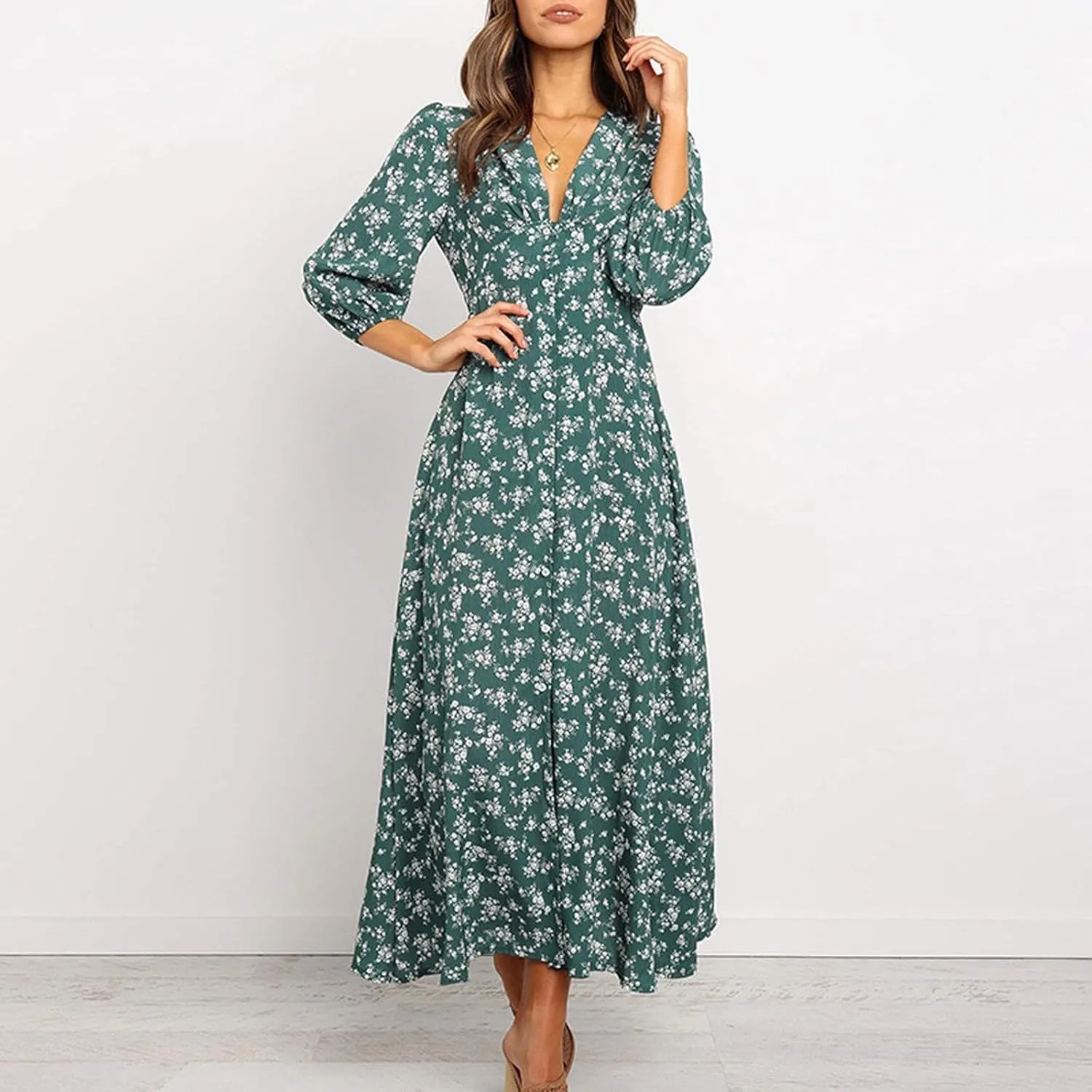 Floral Dresses for Women Spring Elegant Wrap V Neck Slim Beach DressTrendy Flowy Ruche Long Sleeve Boho Sundresses