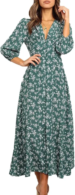 Floral Dresses for Women Spring Elegant Wrap V Neck Slim Beach DressTrendy Flowy Ruche Long Sleeve Boho Sundresses