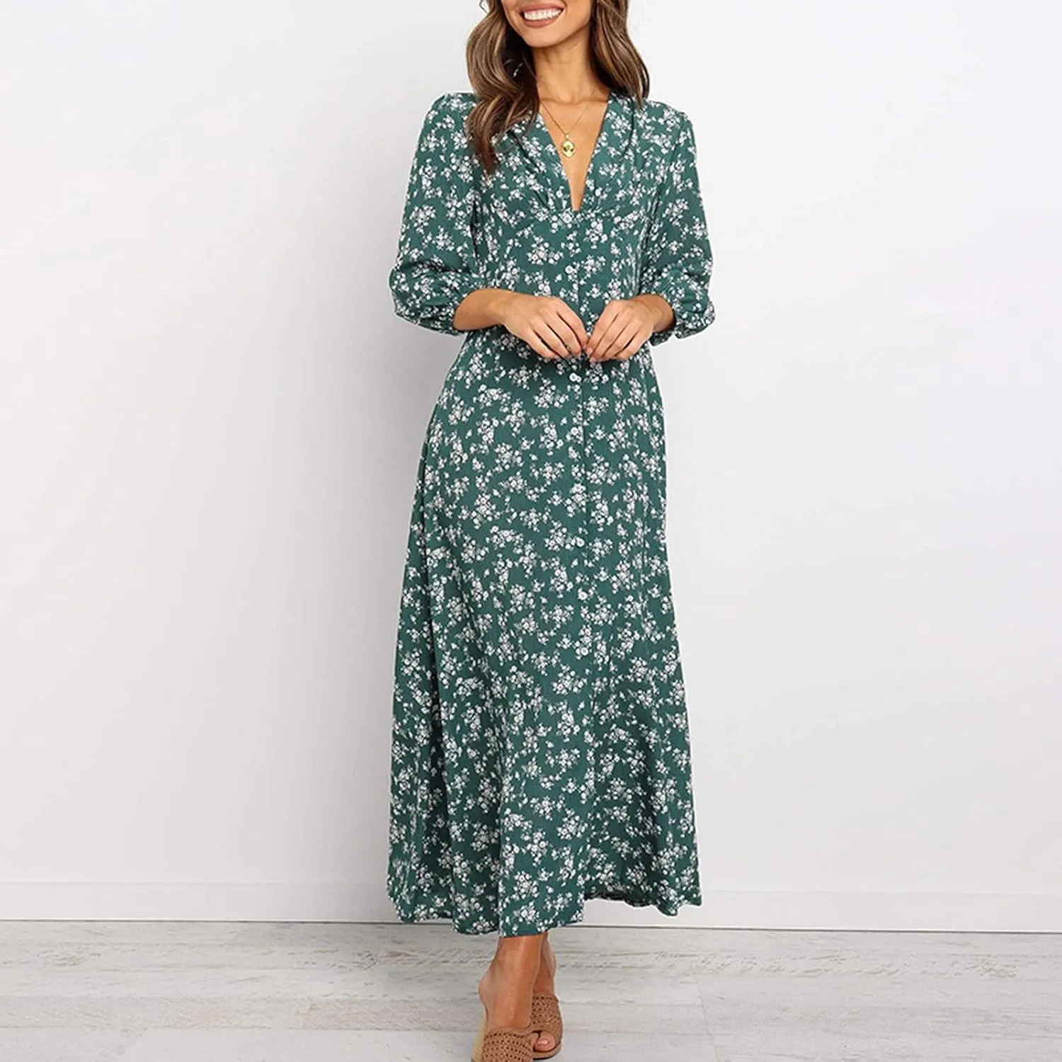 Floral Dresses for Women Spring Elegant Wrap V Neck Slim Beach DressTrendy Flowy Ruche Long Sleeve Boho Sundresses