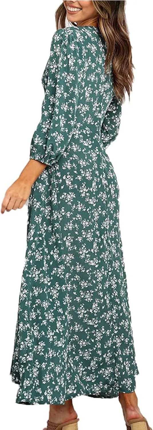 Floral Dresses for Women Spring Elegant Wrap V Neck Slim Beach DressTrendy Flowy Ruche Long Sleeve Boho Sundresses
