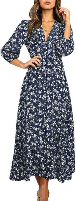 Floral Dresses for Women Spring Elegant Wrap V Neck Slim Beach DressTrendy Flowy Ruche Long Sleeve Boho Sundresses