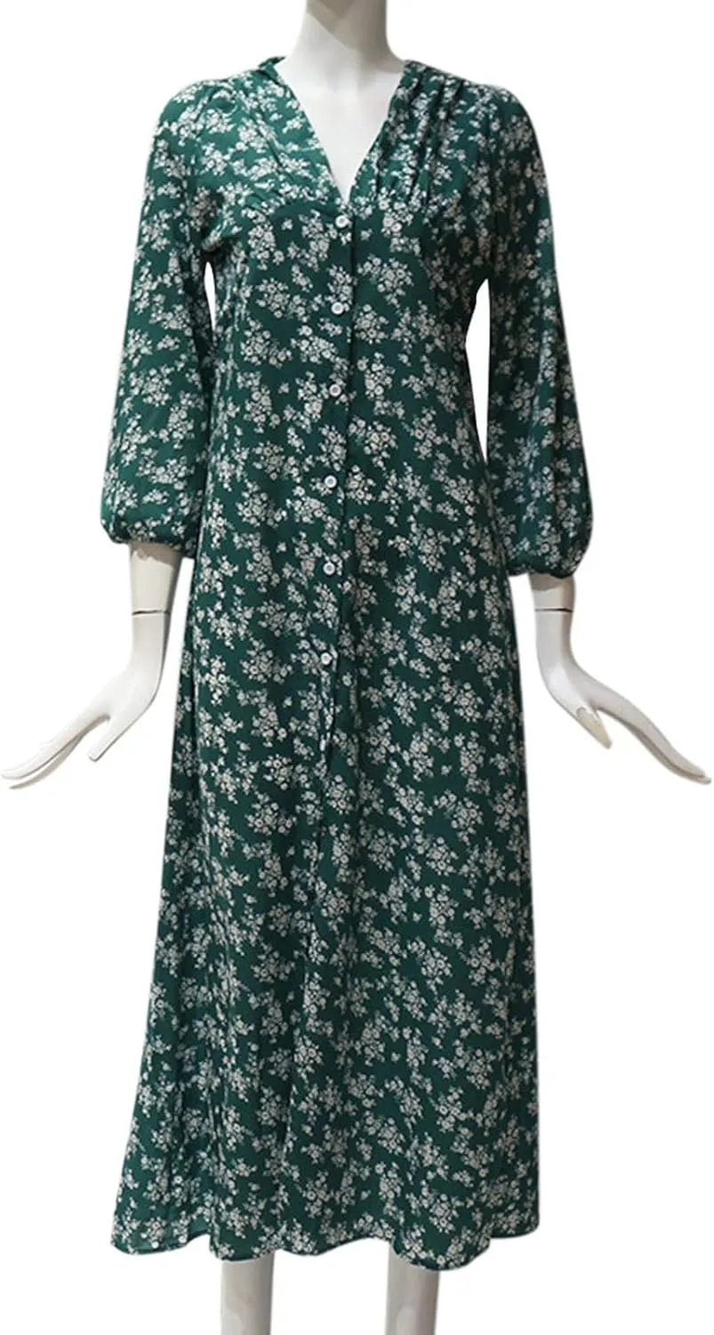Floral Dresses for Women Spring Elegant Wrap V Neck Slim Beach DressTrendy Flowy Ruche Long Sleeve Boho Sundresses