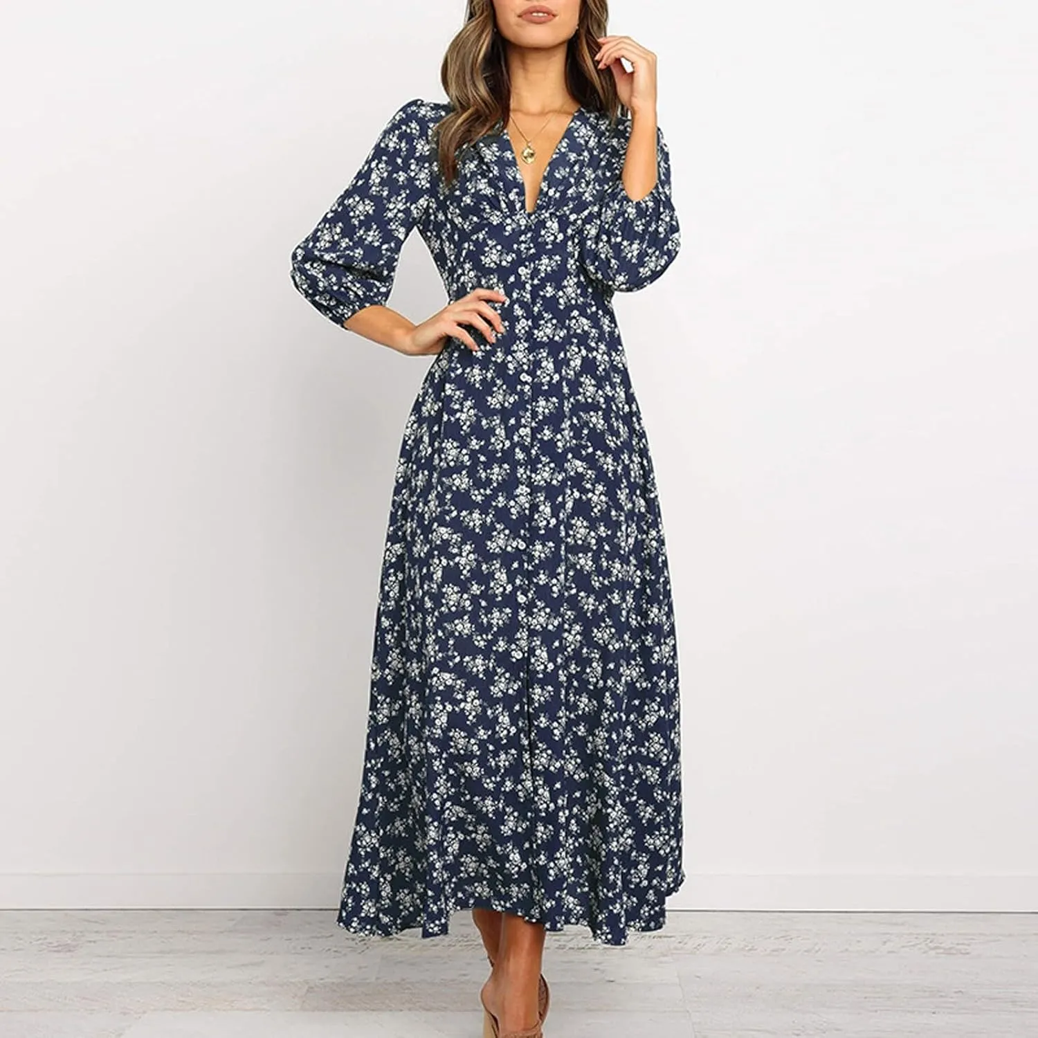 Floral Dresses for Women Spring Elegant Wrap V Neck Slim Beach DressTrendy Flowy Ruche Long Sleeve Boho Sundresses