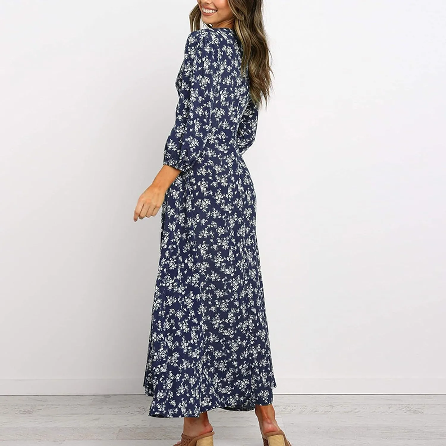 Floral Dresses for Women Spring Elegant Wrap V Neck Slim Beach DressTrendy Flowy Ruche Long Sleeve Boho Sundresses