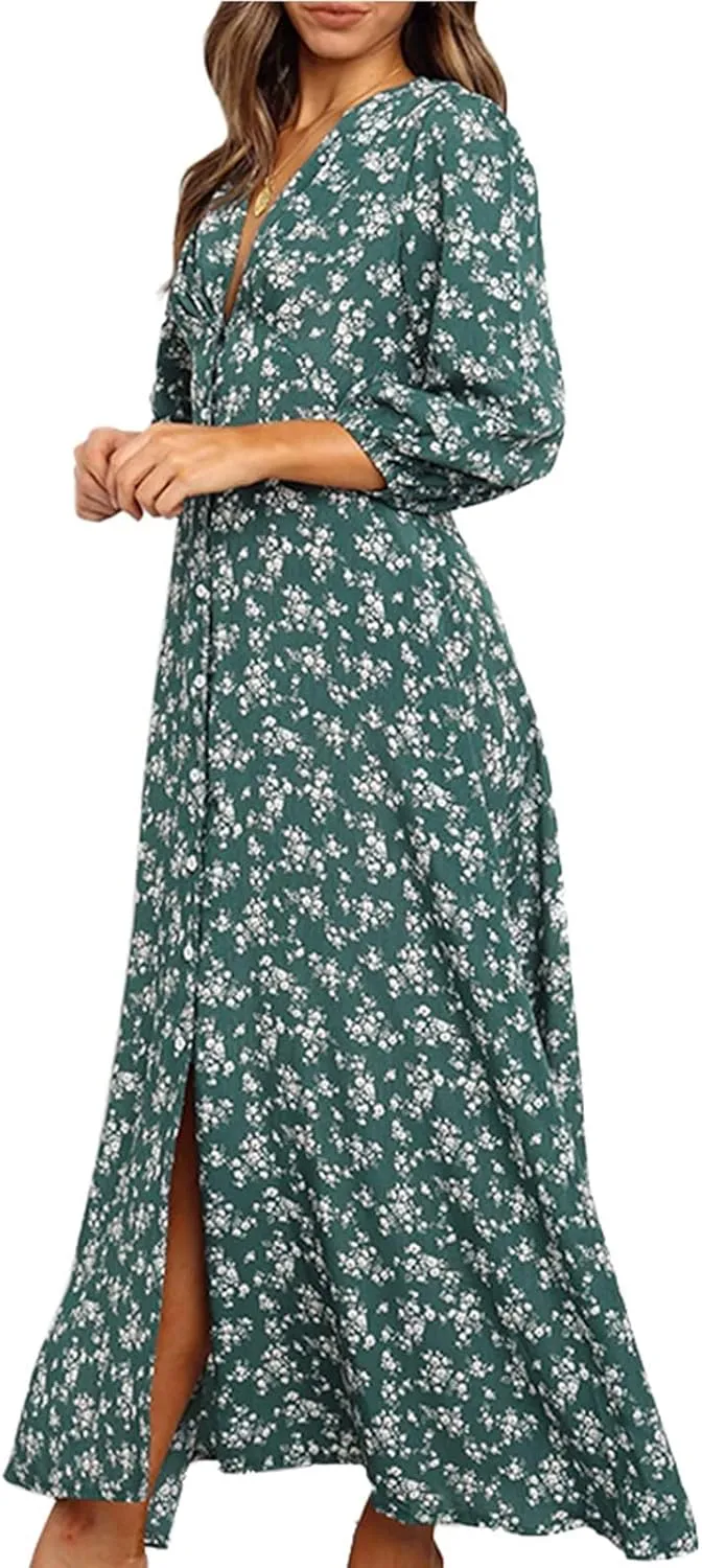 Floral Dresses for Women Spring Elegant Wrap V Neck Slim Beach DressTrendy Flowy Ruche Long Sleeve Boho Sundresses