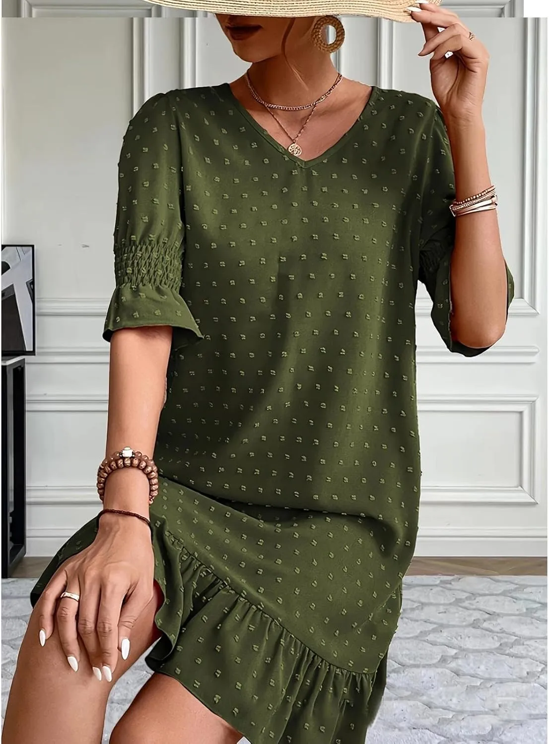 Floral Embroidered Short Sleeve Dress for Women V Neck Ruffle Hem Lightweight Soft Cotton Summer Casual Loose Fit