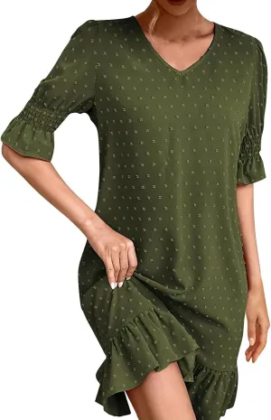 Floral Embroidered Short Sleeve Dress for Women V Neck Ruffle Hem Lightweight Soft Cotton Summer Casual Loose Fit