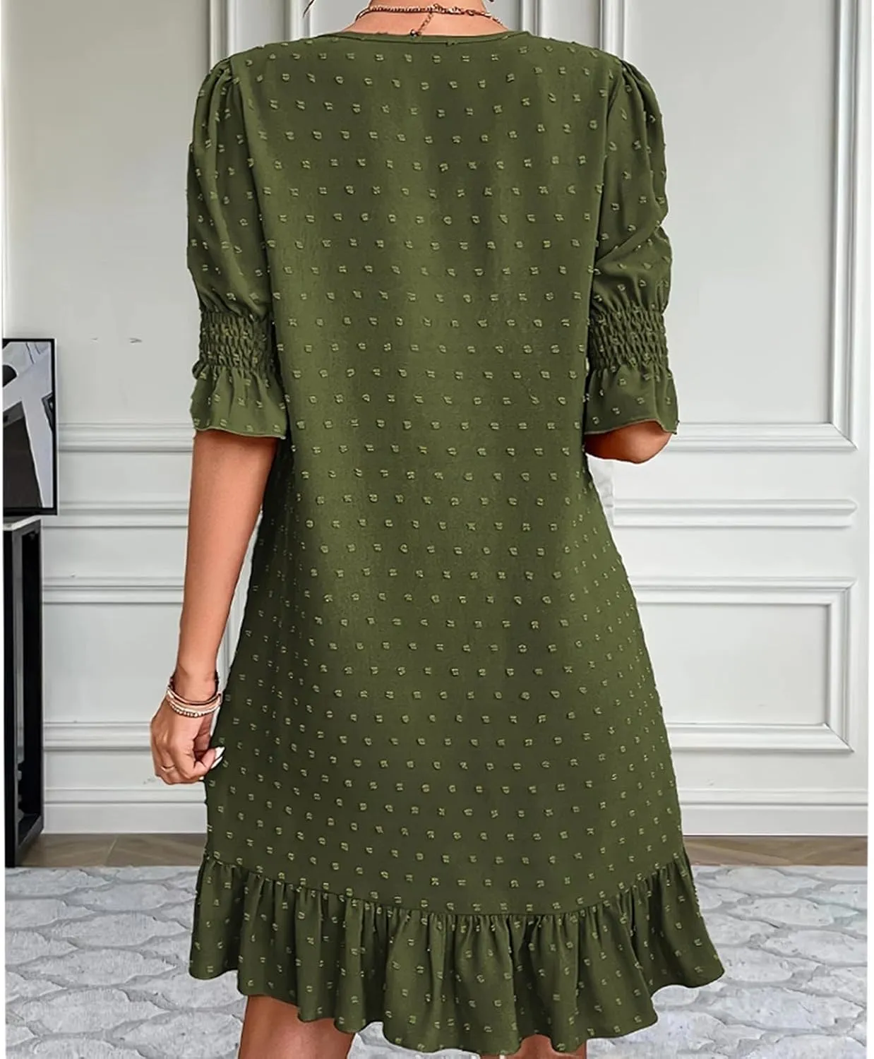 Floral Embroidered Short Sleeve Dress for Women V Neck Ruffle Hem Lightweight Soft Cotton Summer Casual Loose Fit