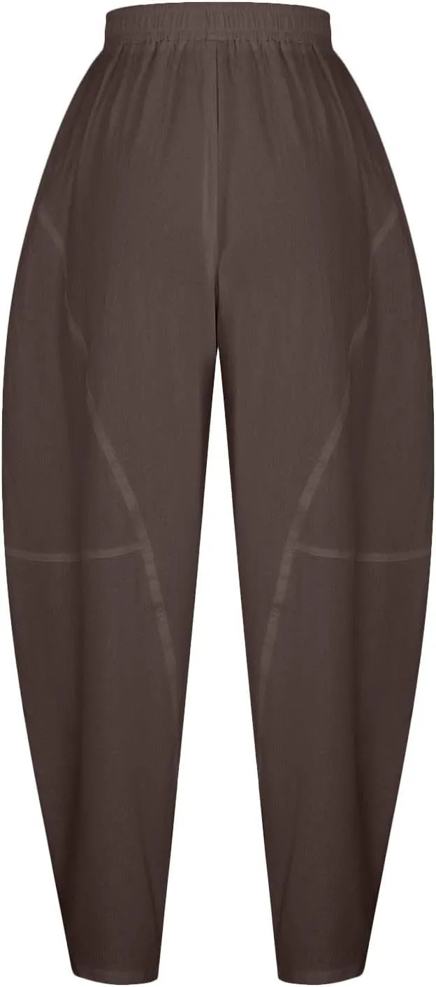 Flowy Womens Linen Pants Drawstring High Waist Pants Casual Wide Leg Slacks Summer Trendy Long Trouser with Pockets