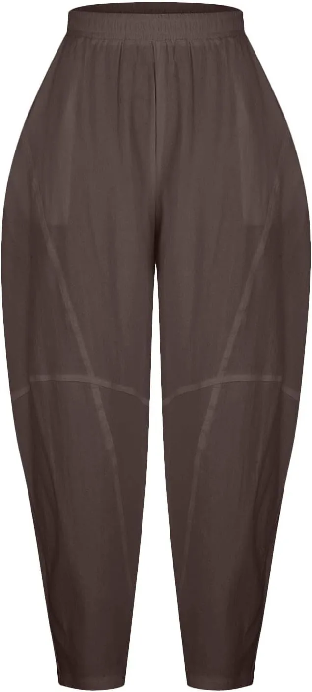 Flowy Womens Linen Pants Drawstring High Waist Pants Casual Wide Leg Slacks Summer Trendy Long Trouser with Pockets